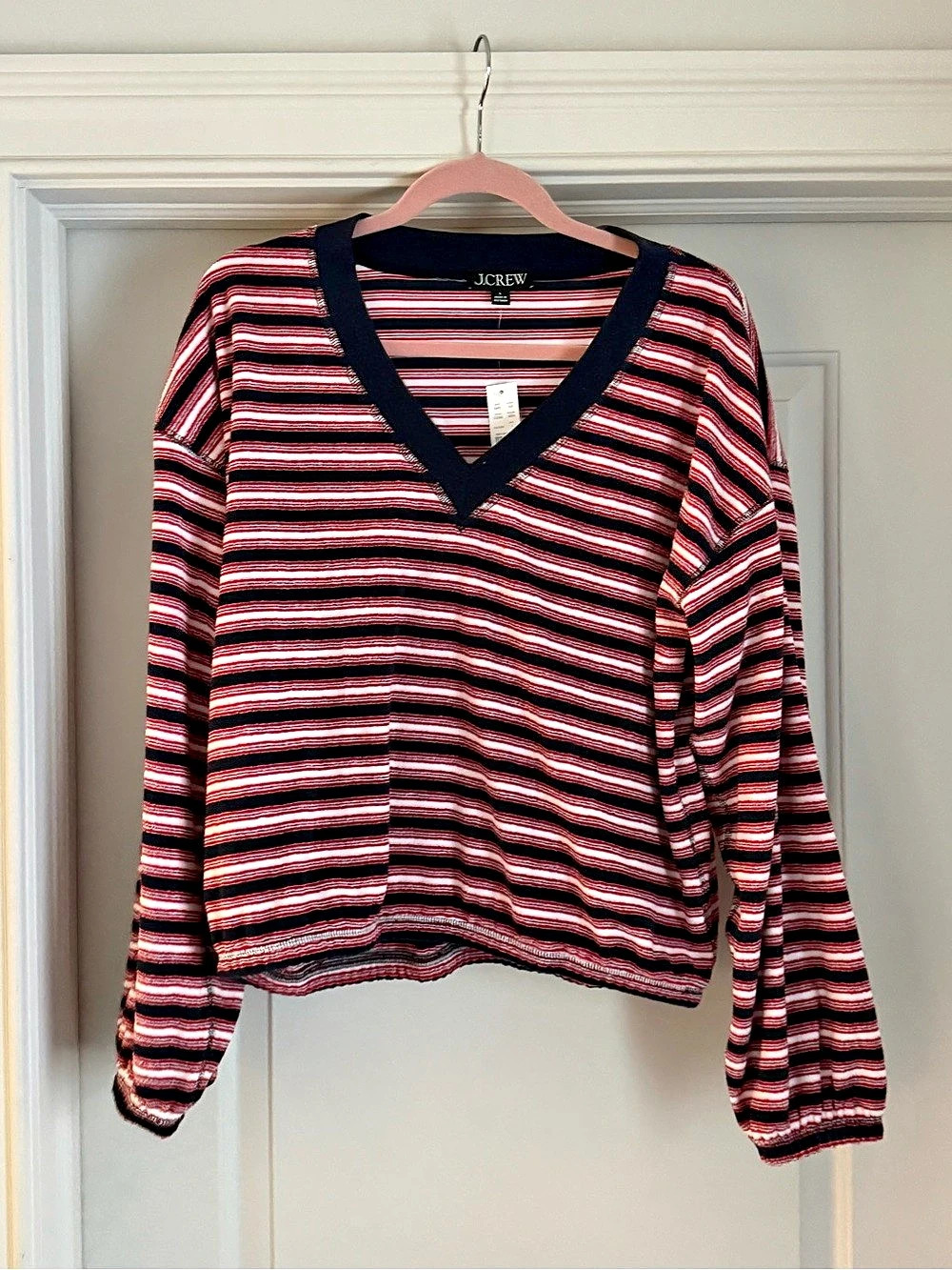 J.Crew Striped V-Neck Terry Pullover Red & Black Large